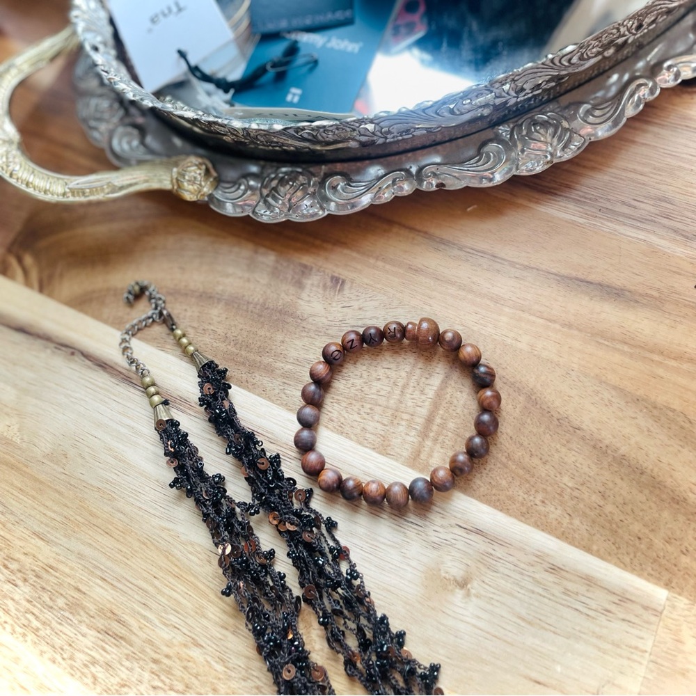 RYZE Mushroom Wood Bead Bracelet + Chocolate Sequin Multicord Necklace Lot Set